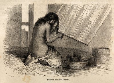 Un indiano Conibo del Perù che tesse, disegno di Riou per illustrare il viaggio, dal 1848 al 1860, di P. Marcoy, dall