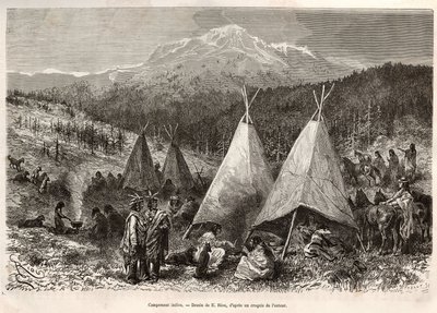Un campo indiano, nel territorio dello Utah, sulle rive del Riviere Verte. Incisione dal disegno di E. Riou, per illustrare la storia La conquête blanche, di William Hepworth Dixon, nel 1875, pubblicato in "Le tour du monde" 1876, a cura di Edouard Charton da Edouard Riou