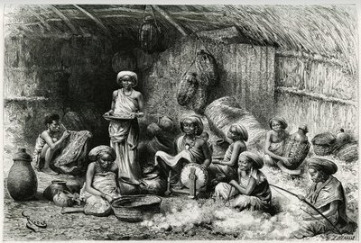 Un pomeriggio dalla favorita dello sceicco dei Gobrons, attività femminili: ricamo e filatura della lana, vimini e ceramica. Incisione di Riou, per illustrare il racconto “Viaggio tra i Benadir, i somali e i Bayoun”, nel 1882-1883, di Georges Rev da Edouard Riou