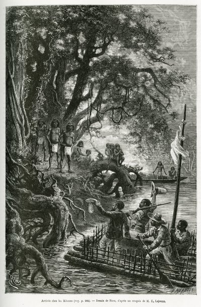 Arrivo della zattera del Dr. Crevaux e E. Lejeanne, sulle rive che costeggiano il villaggio di Mitouas. Incisione di Riou, per illustrare il viaggio di esplorazione attraverso la Nuova Granada e il Venezuela, del Dottor Crevaux, medico di prima classe dell da Edouard Riou