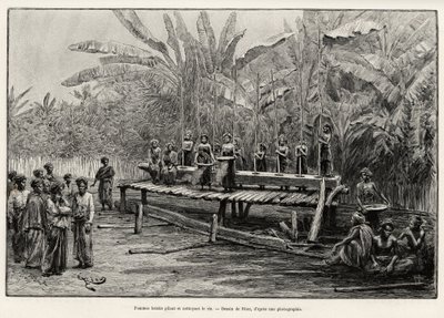 Donne Batak, gruppo etnico del nord di Sumatra, che pestano e puliscono il riso. Incisione di Riou per illustrare la storia "un anno in Malesia", di Jules Claine (1856-1939) da Edouard Riou