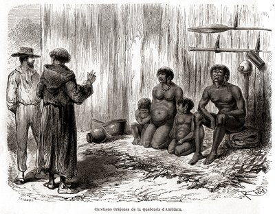 Evangelizzazione cristiana di una famiglia di indiani Yahuas Orejones in Perù da Edouard Riou