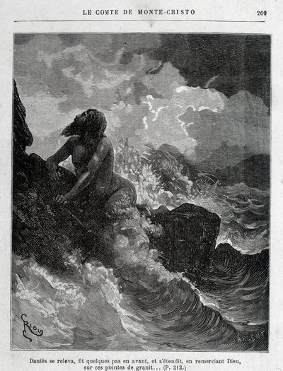 Dantès evaso a nuoto - Incisione di Riou, in "Il Conte di Montecristo" di A. Dumas, ed. Jules Rouff & Cie da Edouard Riou