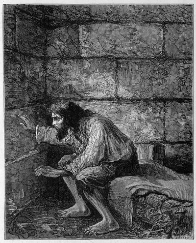 Edmond Dantès, il Conte di Montecristo nella sua prigione - Incisione di Riou, in "Il Conte di Montecristo" di Alexandre Dumas, Rouff & Cie da Edouard Riou