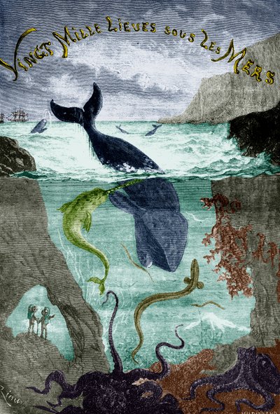 Frontespizio per il romanzo di Jules Verne "Ventimila leghe sotto i mari" (1870), incisione, documento colorato da Edouard Riou