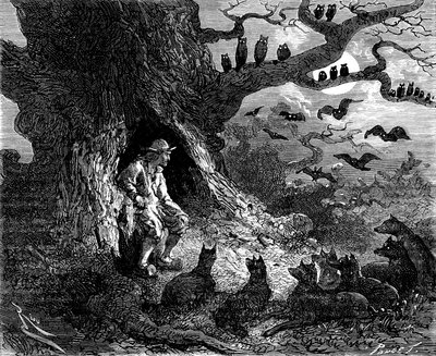 Illustrazione per il romanzo di Alexandre Dumas "Il capo dei lupi": Thibault sembrava essere al centro di un cerchio infernale, XIX secolo da Edouard Riou
