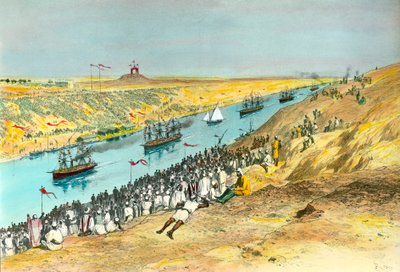 Inaugurazione del Canale di Suez Il canale fu creato per collegare il Mar Rosso al Mar Mediterraneo. Illustrazione di Edouard Riou (1869) Collezione privata da Edouard Riou