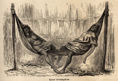 Mariti indiani Chontaquiros del Perù che dormono nella loro amaca nuziale da Edouard Riou