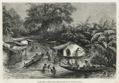 Villaggi inondati, disegno di Riou, per illustrare la storia di un viaggio in Gabon e sul fiume Ogoué nel 1875-1877, di Alfred Marche. Incisione in Le tour du monde. da Edouard Riou