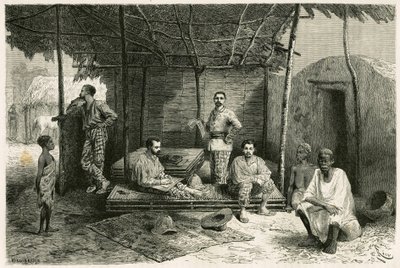 Installazione della missione a Nango, per un soggiorno di 10 mesi, con ritratti di Gallieni e dei suoi capitani Valliere e Pietri, del Dottor Tautain e dei suoi interpreti, guida e cantiniera. Incisione di Riou, basata su uno schizzo dell