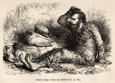 Il tenente Tyson occupato nella sua toilette mattutina, un pettine prima di indossare gli stivali, inciso dopo un disegno di E.Riou, illustrando la storia della Polaris, zattera di ghiaccio, del tenente Tyson, nel 1870-1873, pubblicato in 
