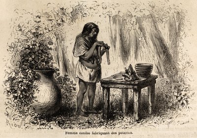 Fabbricazione di ceramiche da parte di un indiano Conibo del Perù, disegno di Riou per illustrare il viaggio, dal 1848 al 1860, di P. Marcoy, dall