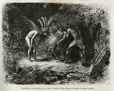 Fumigazione medica con sigarette negli indiani Roucouyan. Incisione di Riou, per illustrare la storia di Cayenne aux Andes, di Jules Crevaux, medico della marina francese, nel 1878-1879, pubblicato nel Tour du monde, sotto la direzione di Edouard Charton da Edouard Riou