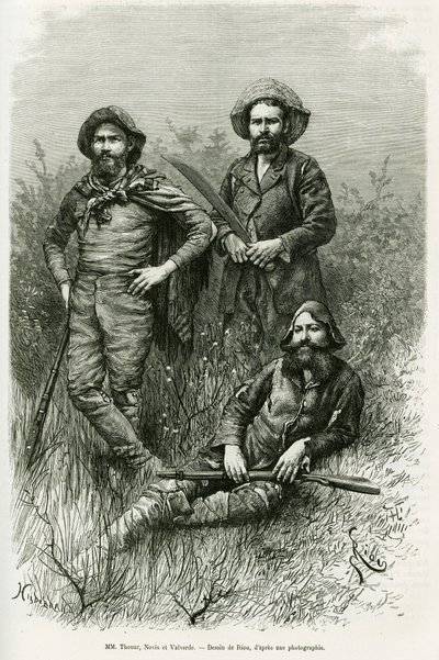 Membri della spedizione: Mr. Thouar (sdraiato), Mr. Novis (in piedi a sinistra) e Mr. Valverde (in piedi a destra) (incisione) da Edouard Riou