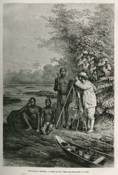 Osservazione al teodolite, Dr. Crevaux con i suoi strumenti di misurazione e il suo team di guide e portatori, in piena sessione di lavoro, incisione da un disegno di Riou, per illustrare la storia De Cayenne aux Andes, di Jules Crevaux, medico della marin da Edouard Riou