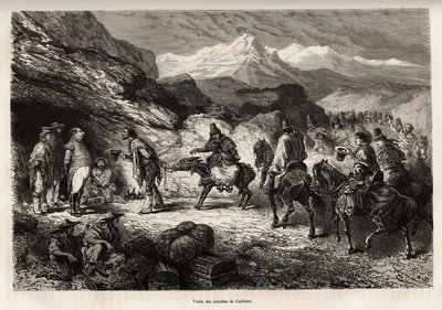 P.Marcoy trova un amico, diventato colonnello del genio e postato in una grotta vicino al lago di Cailloma, insieme ricevono la visita dei notabili della città, inciso da un disegno di E.Riou, illustrante il viaggio nelle montagne, la valle di Huarancalqui da Edouard Riou