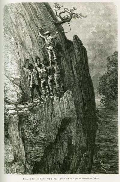 Passaggio della Cuesta Infernal. Incisione di Riou, per illustrare la storia Voyage dans le delta du Pilcomayo et de Buenos Aires a Sucre da Edouard Riou