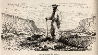 Paul Marcoy esumando mummie Inca (Basso Perù), incisione di E.Riou illustrante il viaggio nelle montagne, la valle di Huarancalqui e le regioni di Pjonal, dal 1862 al 1863, di Paul Marcoy, pubblicato in "Le tour du monde" 1875, a cura di Edouard Charton da Edouard Riou