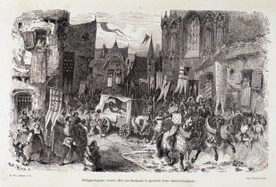 Filippo Augusto voleva offrire ai parigini lo spettacolo di una partenza trionfale. sd. XII secolo da Edouard Riou