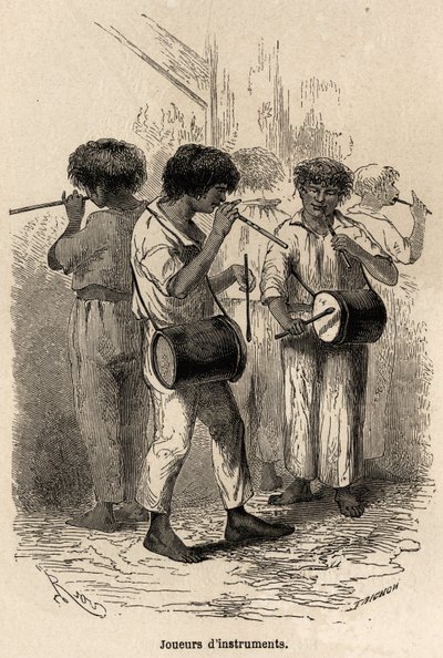Suonatori di strumenti musicali a Sarayacu (Perù), disegno di Riou, per illustrare il viaggio di Paul Marcoy dall