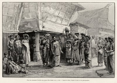 Giocare con ornamenti auricolari per ragazze Batak, gruppo etnico del nord di Sumatra. Incisione di Riou per illustrare la storia "un anno in Malesia", di Jules Claine (1856-1939) da Edouard Riou