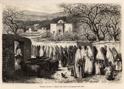 Processione al Marabout de Tlemcen, incisione per illustrare il viaggio a Tlemcen (Algeria), 1875, di E. de Lorral da Edouard Riou