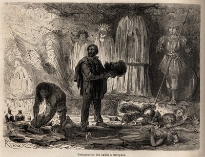 Restauro delle statue dei santi a Sarayacu, disegno di Riou, per illustrare il viaggio di Paul Marcoy dall