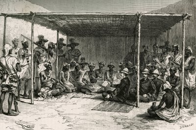 Firma del trattato che ha posto il paese di Kita (ex Sudan francese, attuale Mali) sotto il protettorato della Francia il 25 aprile 1880 tra il Comandante Joseph Gallieni (1849-1916) e Tokontan Keita. Incisione di Riou, basata su uno schizzo dell
