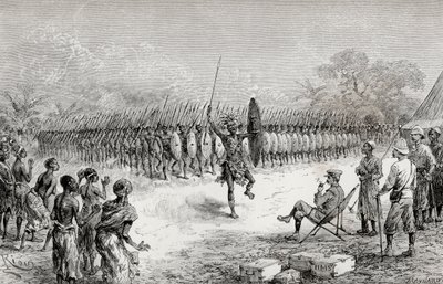 Sir Henry Morton Stanley che osserva una danza falange dai guerrieri di Mazamboni a Usiri, 1890 (incisione su legno) da Edouard Riou
