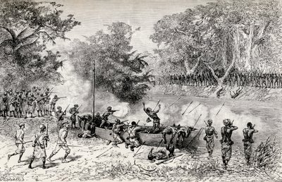 La spedizione di soccorso di Emin Pasha di Sir Henry Morton Stanley attaccata dai cannibali Avisibba con frecce avvelenate, 1890 da Edouard Riou