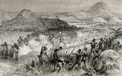 Il primo incontro di Sir Henry Morton Stanley con il popolo Mazamboni, 1890 (incisione su legno) da Edouard Riou