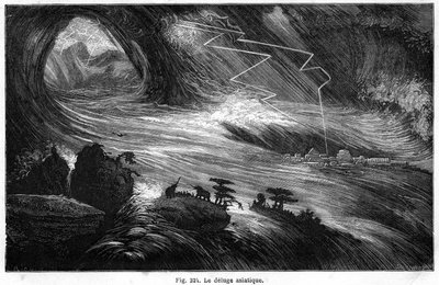 Il diluvio asiatico: una catastrofe che potrebbe aver ispirato il diluvio descritto nella Bibbia: dal libro di Louis Figuier "La Terra prima del diluvio", edizione Hachette 1872 da Edouard Riou