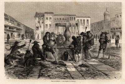 I Pongos, indiani soggetti alla servitù, alla fontana, nella piazza del cabildo, a Cuzco, disegno di Riou per illustrare il viaggio attraverso il Sud America, dal 1848 al 1860 di Paul Marcoy. Incisione in "Le tour du monde", a cura di Edouard Charton da Edouard Riou