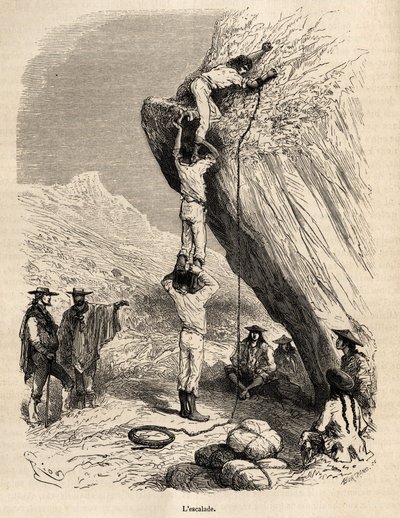 La salita delle cime delle Ande da parte della spedizione Marcoy richiede i mezzi più acrobatici: qui, per scalare un picco roccioso, gli indiani si arrampicano sulle spalle l
