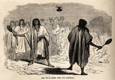 Il gioco della palla, tra gli indiani conibos del Perù. Disegno di Riou per illustrare il viaggio, dal 1848 al 1860, di P. Marcoy, dall