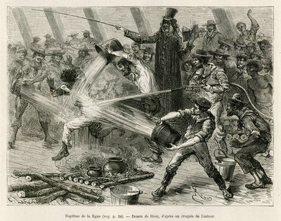 Il battesimo della linea, un marinaio indossa una vecchia tonaca e arringa gli altri marinai dell