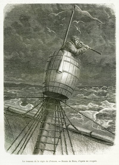 Il barile della guardia della barca Proven, disegno di Riou, per illustrare la storia del professor Nils Adolf Erik (Eric) Baron Nordenskjold (Nordenskiold) (1832-1901): spedizione polare svedese, nel 1875. Incisione in Le tour du monde da Edouard Riou