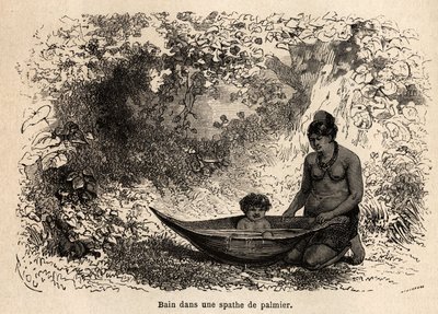 Il bagno del bambino in una foglia di palma. Disegno di Riou, per illustrare il viaggio dall