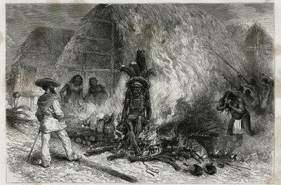 La cremazione di un Roucouyenne (o wayana), tribù che vive lungo i fiumi Mana e Maroni, di fronte al rogo, Dr. Crevaux, incisione di Riou, per illustrare il viaggio di esplorazione nell