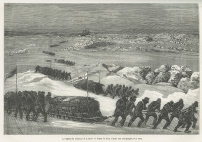 La partenza delle slitte Alert, nave della spedizione polare, disegno di Riou, per illustrare la storia di un viaggio al mare polare nel 1875-1876, del Capitano G.S.Nares. Incisione in Le tour du monde da Edouard Riou