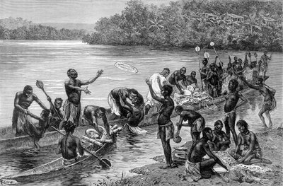 Le diverse attività della tribù del villaggio di Adouma in Africa. In "Viaggio nell