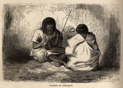 Il gioco del bilboquet, con una testa di tartaruga, tra gli indiani Conibos del Perù, disegno di Riou per illustrare il viaggio, dal 1848 al 1860, di P. Marcoy, dall