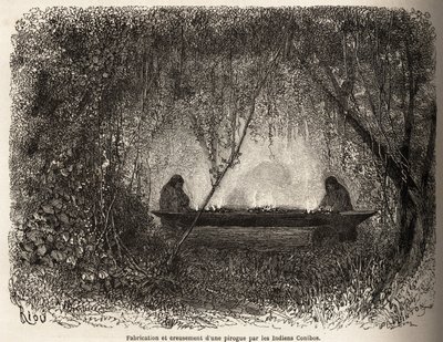 La fabbricazione di una canoa, evacuata dal fuoco, dagli indiani Conibo del Perù da Edouard Riou