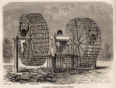Il mulino per macinare la canna da zucchero di Sarayacu (Perù), disegno di Riou per illustrare il viaggio di Paul Marcoy dall