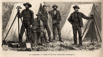 La squadra di topografi con il loro materiale, della missione geologica americana, incisione dopo il disegno di F.Riou, illustrando una serie di missioni geografiche attraverso il Parco Nazionale degli Stati Uniti, dal 1870 al 1872, di Messrs Hayden, Doane da Edouard Riou