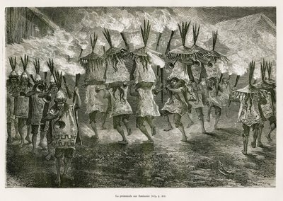 La passeggiata con le torce per le strade di San Jose, disegno di E. Riou, per illustrare il viaggio nella regione del Titicaca e nelle valli dell