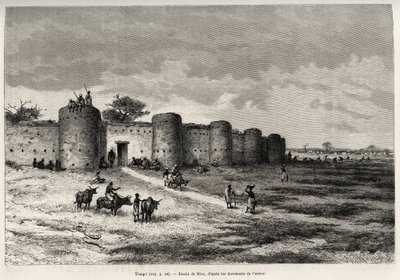 La città di Tiong-Gi, con le sue fortificazioni e torri di argilla. Incisione di Riou, per illustrare la storia Dal Niger al Golfo di Guinea di Capitano Louis Gustave Binger, in Le tour du monde, nouveau journal des voyages, sotto la direzione di Edouard C da Edouard Riou