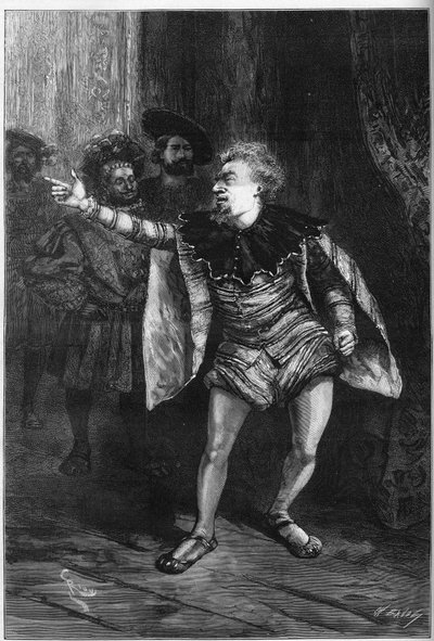 Rappresentazione teatrale: "Il re si diverte" di Victor Hugo (1808-1883). Atto III scena III: Anticamera del Louvre, Triboulet (Edmond Got) da Edouard Riou