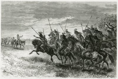 Indiani Tobas (dalla regione del Chaco, tra Paraguay e Bolivia) che rifiutano di passare alla colonna della spedizione Thouar. Incisione di Riou, per illustrare la storia 