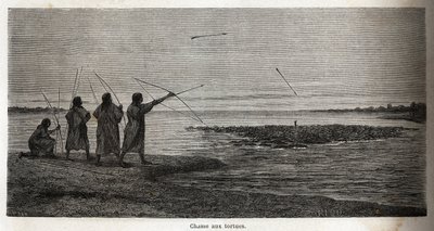 Caccia alla tartaruga tra gli indiani Conibos del Perù. Disegno di Riou per illustrare il viaggio dal 1848 al 1860 di P. Marcoy dall